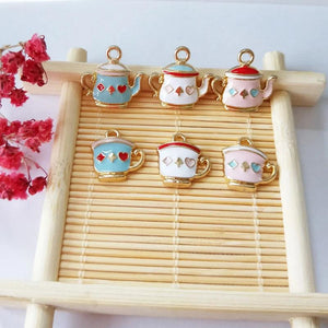 10pcs Enamel Tea Set Charms Pendants Oil Drop Teacup Teapot Metal Charms
