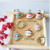 10pcs Enamel Tea Set Charms Pendants Oil Drop Teacup Teapot Metal Charms