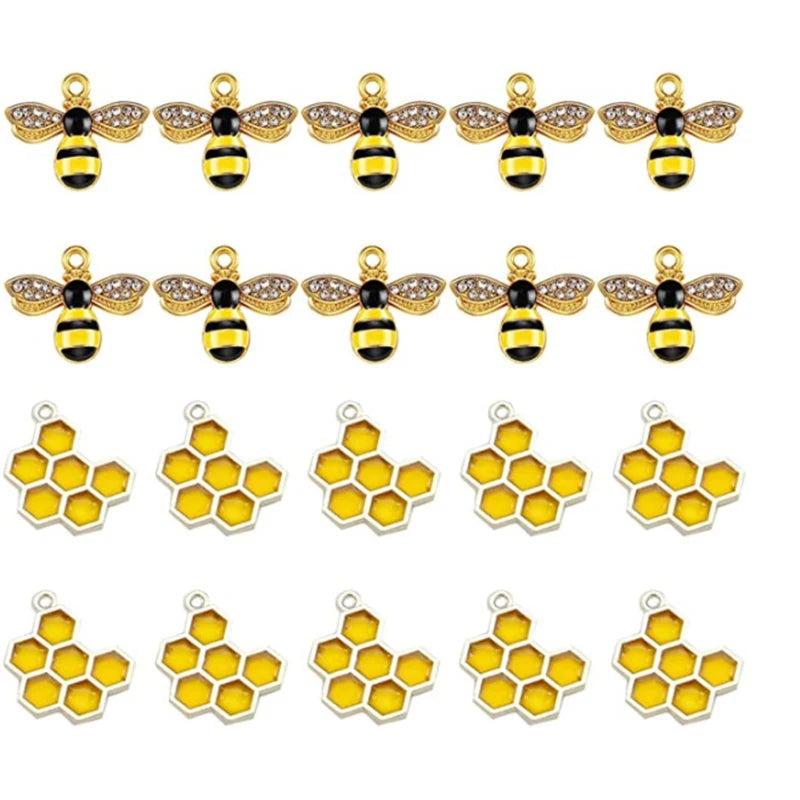 6Pcs Enamel Metal Bee Honeycomb Charms for Jewelry Making