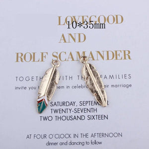 10pcs Feather Enamel Charms DIY Jewelry Golden Leaves Drop Oil Alloy