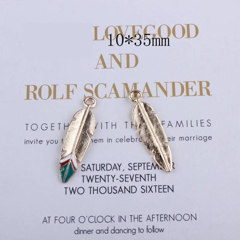 10pcs Feather Enamel Charms DIY Jewelry Golden Leaves Drop Oil Alloy