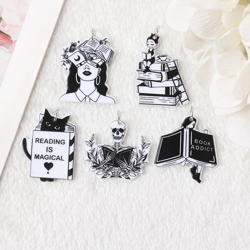 10Pcs Skeleton Woman Loves Books Charms for DIY Making