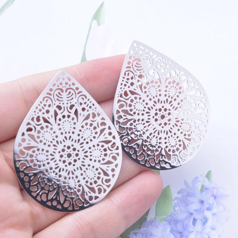 6pcs Rose Big Waterdrop Charms Silver Plated Leaf Filigree Earrings