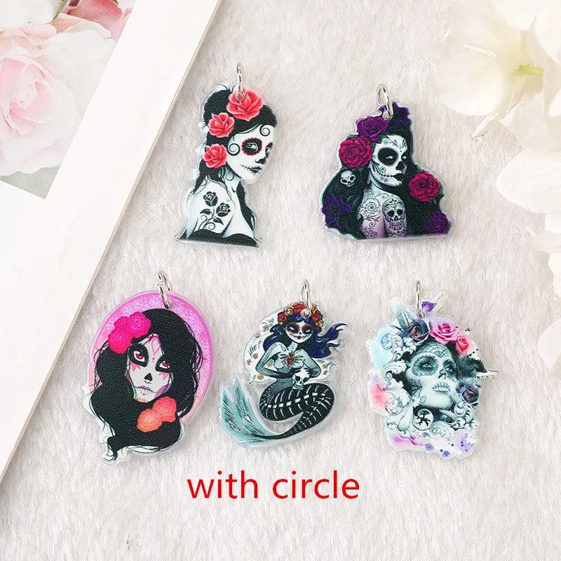 10 Pcs Halloween Skull Girl Charms Acrylic Flower Mermaid Findings