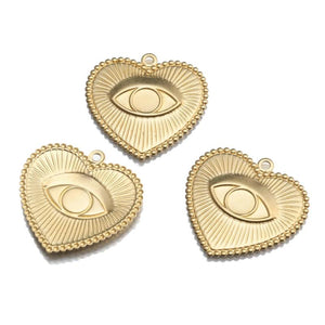 10Pcs Raw Brass Heart Turkey Eye Pendant Charms for Jewelry Making