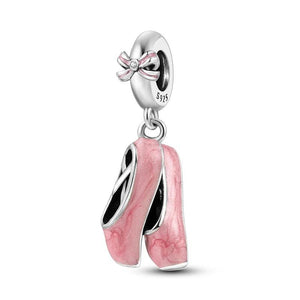 Pink Ballet Shoe Bow Knot Dangle Charm for Bracelet Necklace Silver Jewelry
