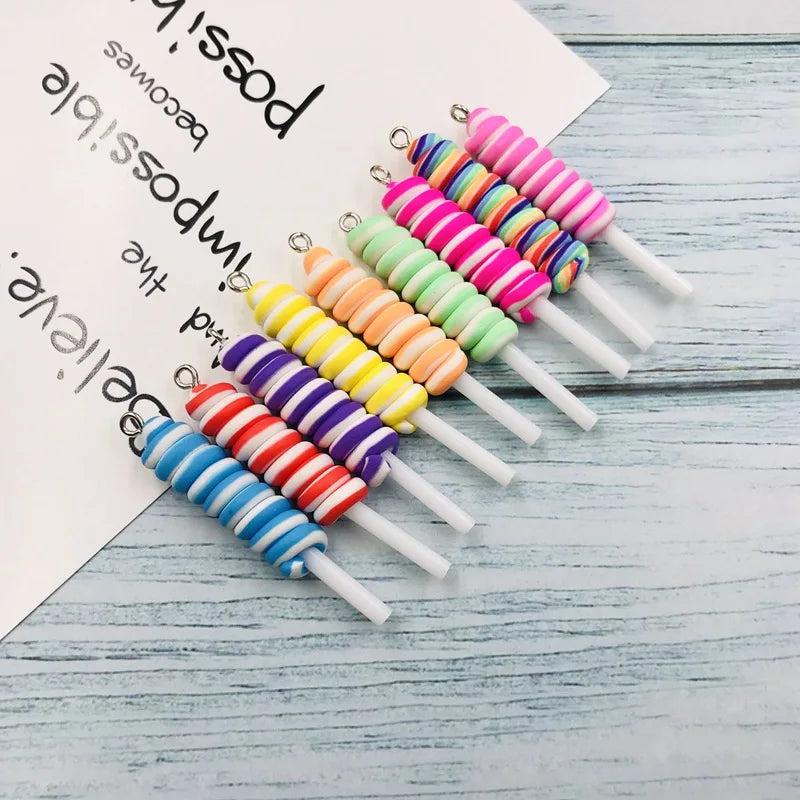 10pcs Colorful Clay Lollipop Charms for DIY Jewelry