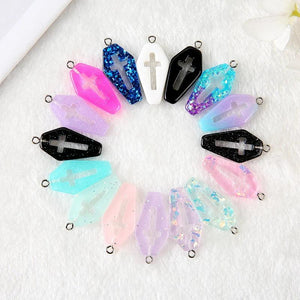 15Pcs Punk Resin Coffin Planchette Charms Glitter Cross DIY Jewelry Making