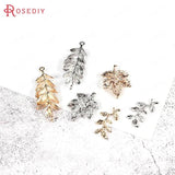 6PCS 24K Plated Brass Tree Leaf Charms Pendants DIY Jewelry Findings