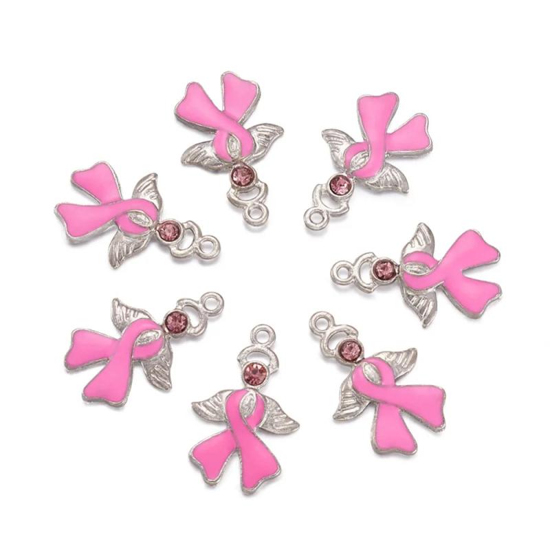10pcs Pearl Pink Enamel Breast Cancer Ribbon Charms with Angel Wing Pendants