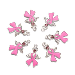 10pcs Pearl Pink Enamel Breast Cancer Ribbon Charms with Angel Wing Pendants