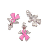 10pcs Pearl Pink Enamel Breast Cancer Ribbon Charms with Angel Wing Pendants