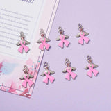 10pcs Pearl Pink Enamel Breast Cancer Ribbon Charms with Angel Wing Pendants