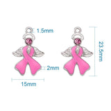 10pcs Pearl Pink Enamel Breast Cancer Ribbon Charms with Angel Wing Pendants