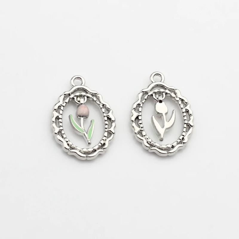 Enamel Tulip Flowers Coin Charms 6pcs/lot DIY Jewelry Making