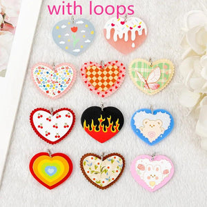 10Pcs Acrylic Heart Charms Rabbit Cherry Butterfly Rainbow Pendant