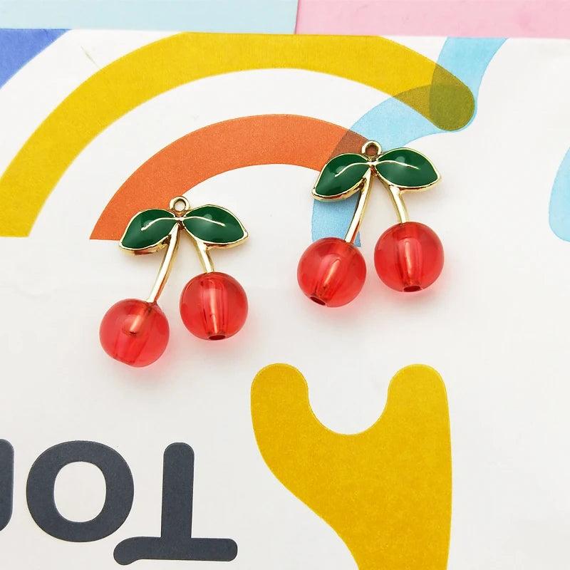 10pcs Enamel Cherry Charms Metal Fruit Crystal Pendants