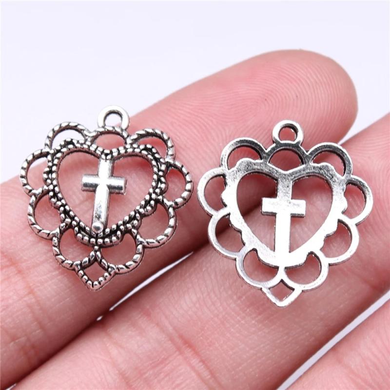 20pcs Heart Cross Charms DIY Jewelry Findings Antique Silver Pendant
