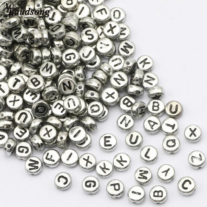 Silver Letter Beads 4X7MM Acrylic Random Alphabet Loose Beads