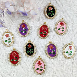 10pcs Enamel Metal Charms Pearl Rose Pendants for DIY Necklaces
