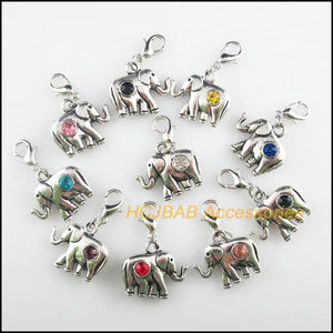 10Pcs Elephant Charms Crystal 18x20.5mm With Lobster Clasps