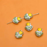 5pcs Hand Painted Flower Ceramic Beads 16x14mm Pink Yellow