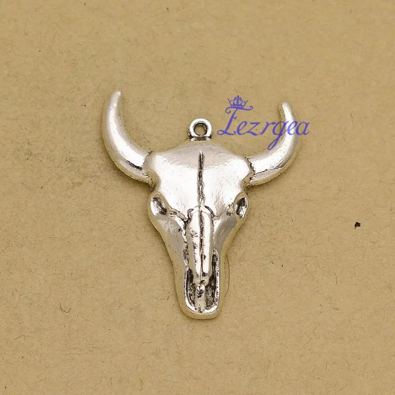 Antique Silver Plated Cow Sheep Skull Head Ox Horn Charms Farm Animals Pendants