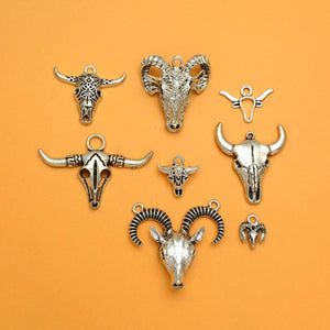 Antique Silver Plated Cow Sheep Skull Head Ox Horn Charms Farm Animals Pendants