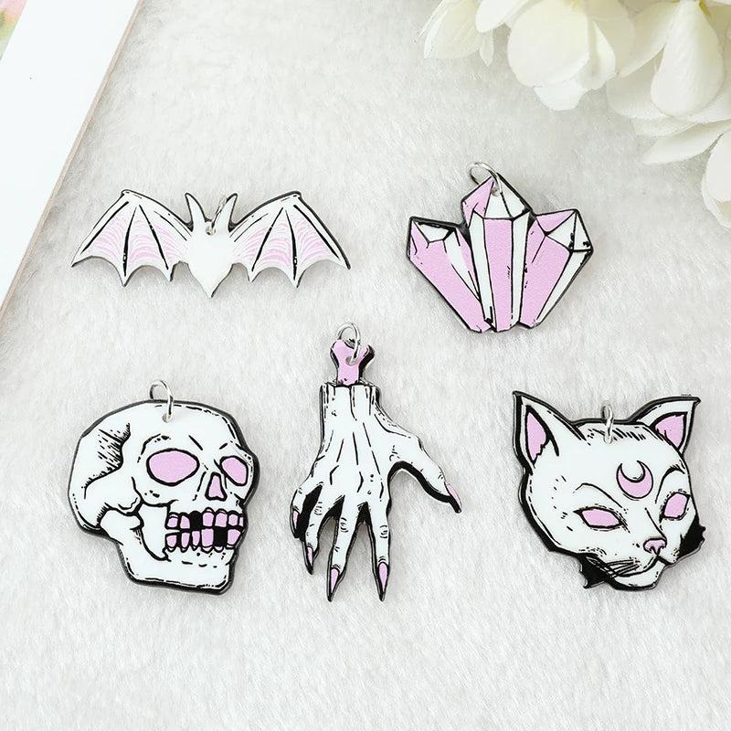 10 Pcs Halloween Charms Witch Skull Bat Cat Acrylic Findings DIY Making
