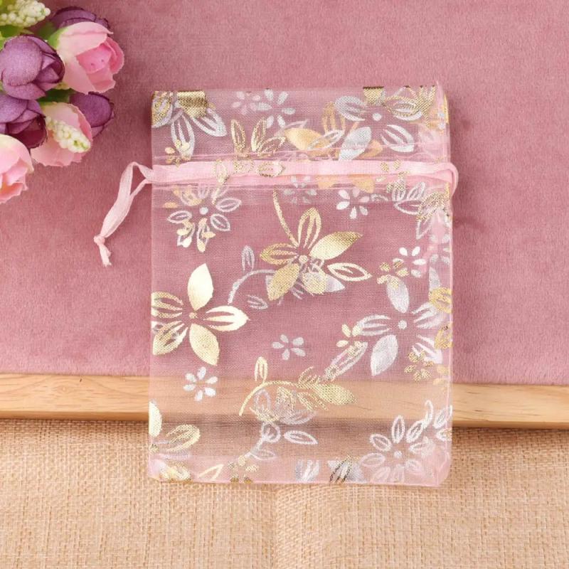 20pcs Organza Jewelry Bag Red Bauhinia Flower Gift Pouch Packaging Bags