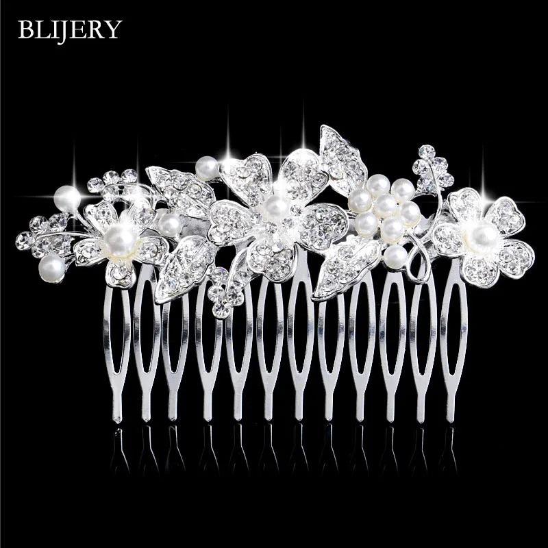 Silver Pearl Crystal Flower Wedding Hair Combs for Women Hair Jewelry