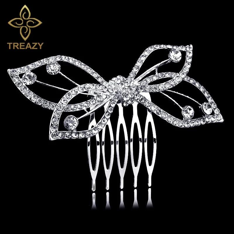 Silver Plated Bow Tie Shape Bridal Hair Comb for Women Girls