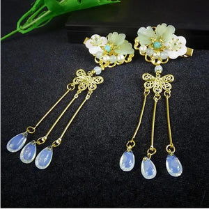 Green Fairy Rhinestone Hairpin Costume Headdress Hanfu Tassel Clip