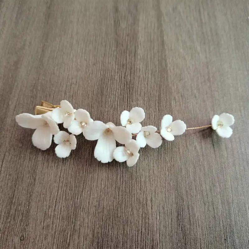 Ceramic Flower Hairpin Bridal Hair Clip Crystal Beads Wedding Headpiece