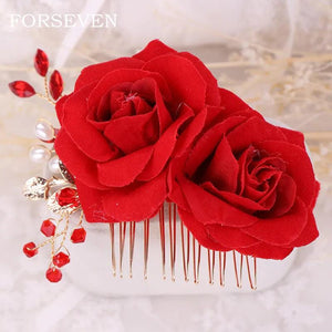 Red Rose Flower Hair Combs Wedding Bridal Head Jewelry Women Prom Headpiece