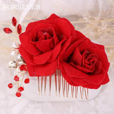 Red Rose Flower Hair Combs Wedding Bridal Head Jewelry Women Prom Headpiece
