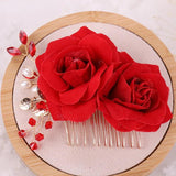 Red Rose Flower Hair Combs Wedding Bridal Head Jewelry Women Prom Headpiece