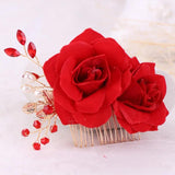 Red Rose Flower Hair Combs Wedding Bridal Head Jewelry Women Prom Headpiece