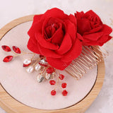 Red Rose Flower Hair Combs Wedding Bridal Head Jewelry Women Prom Headpiece