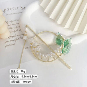 Antique Hanfu Hair Ornament Green Leaves Tassel Hairstick