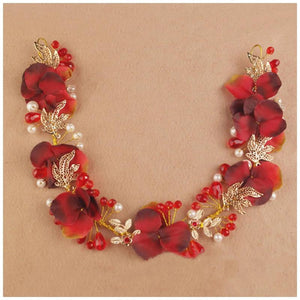 Red Floral Pearl Headband Wedding Tiaras Hair Hoop