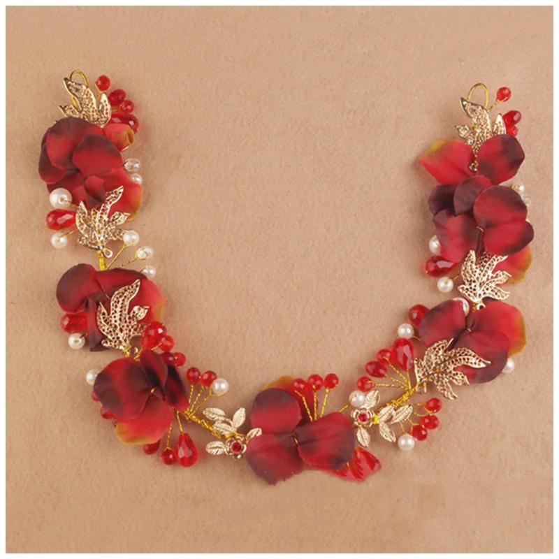 Red Floral Pearl Headband Wedding Tiaras Hair Hoop