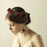 Red Floral Pearl Headband Wedding Tiaras Hair Hoop