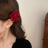 Dark Red Rose Hair Clip Retro High Sense Back Head Shark Clip Hair Accessories