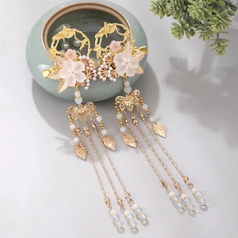Floral Leaf Pearl Tassel Hairpins Clips for Wedding