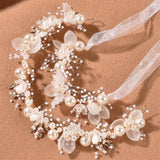 Bridal Pearl Crystal Flower Ribbon Hairband Headpiece