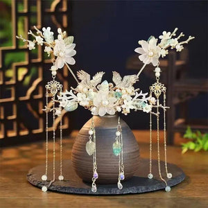 Women's Ancient Double Crane Flowers Tassel Hair Crown Set