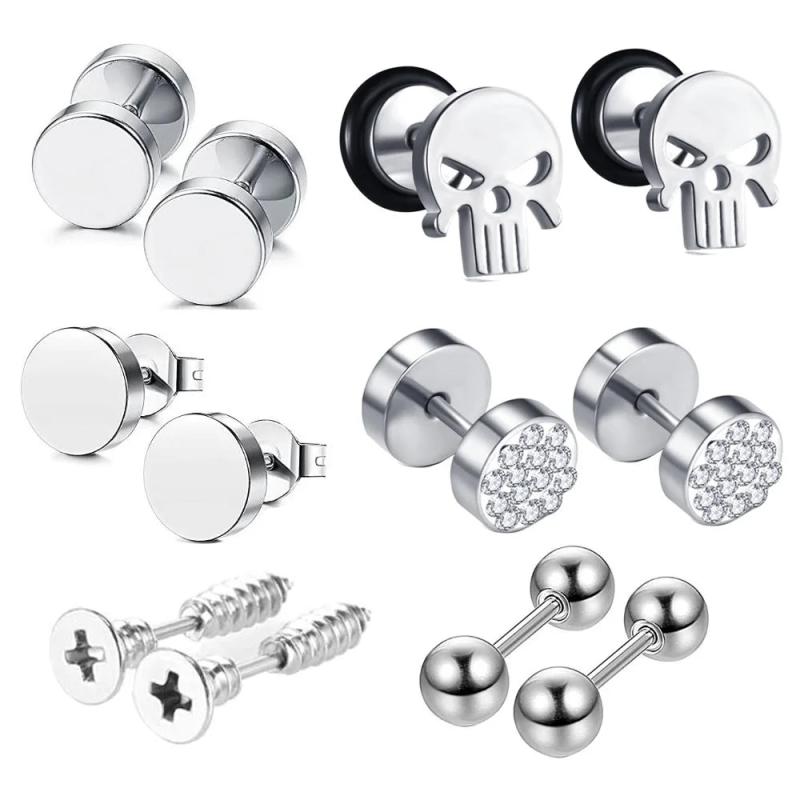 6 Pairs Men Earrings Surgical Steel Studs Punk Earrings Cubic Zirconia Piercing
