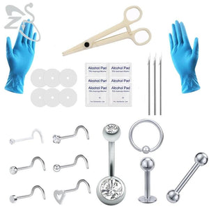 Pro Stainless Steel Body Piercing Kit 14G 16G 20G Needle Clamp, Tool, Glove
