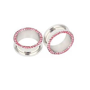 2pcs Crystal Ear Plug Tunnels Stainless Steel Gauges 3mm-25mm
